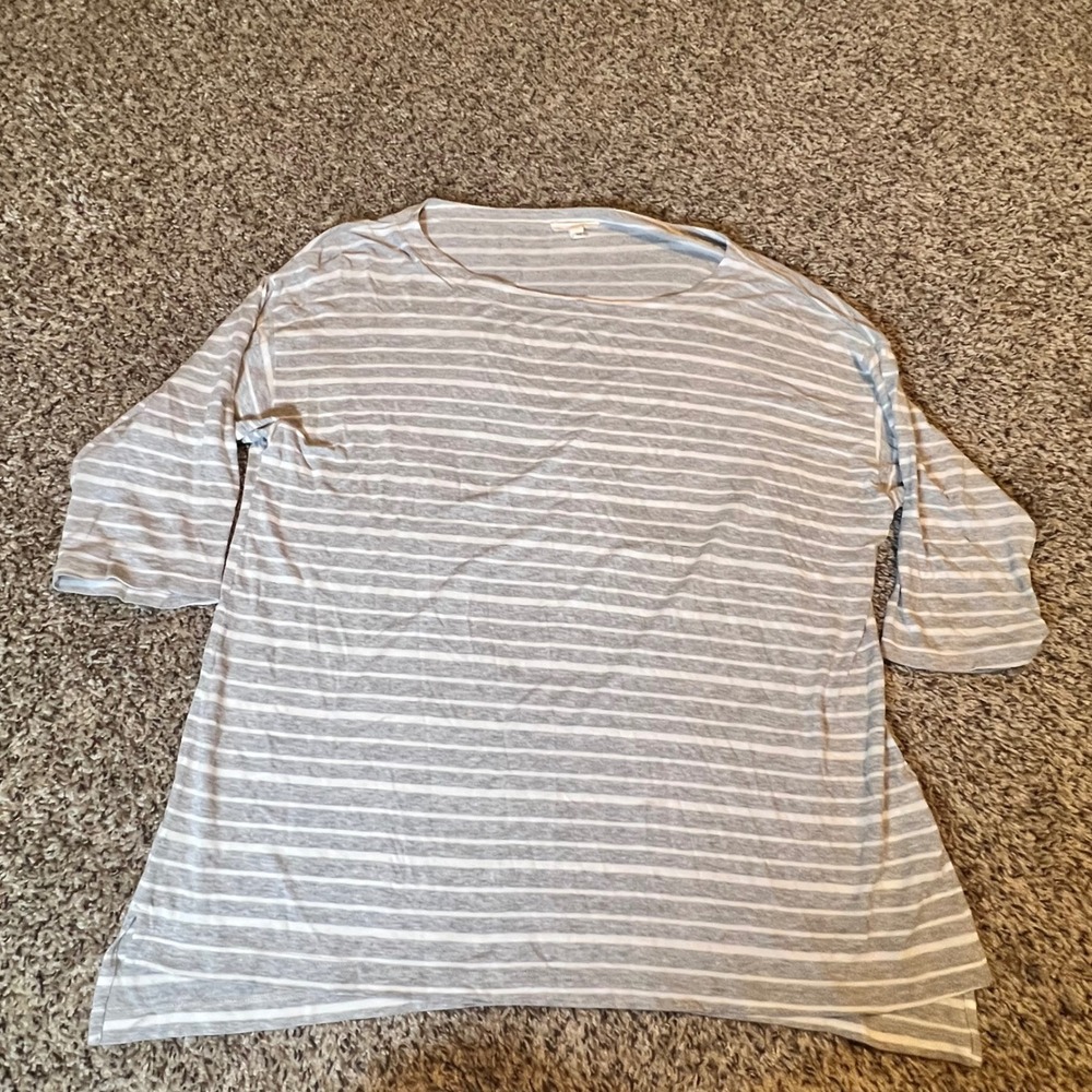Eileen Fisher Womens Grey White Striped Tencel Lyocell 3/4 Sleeve Top Size M